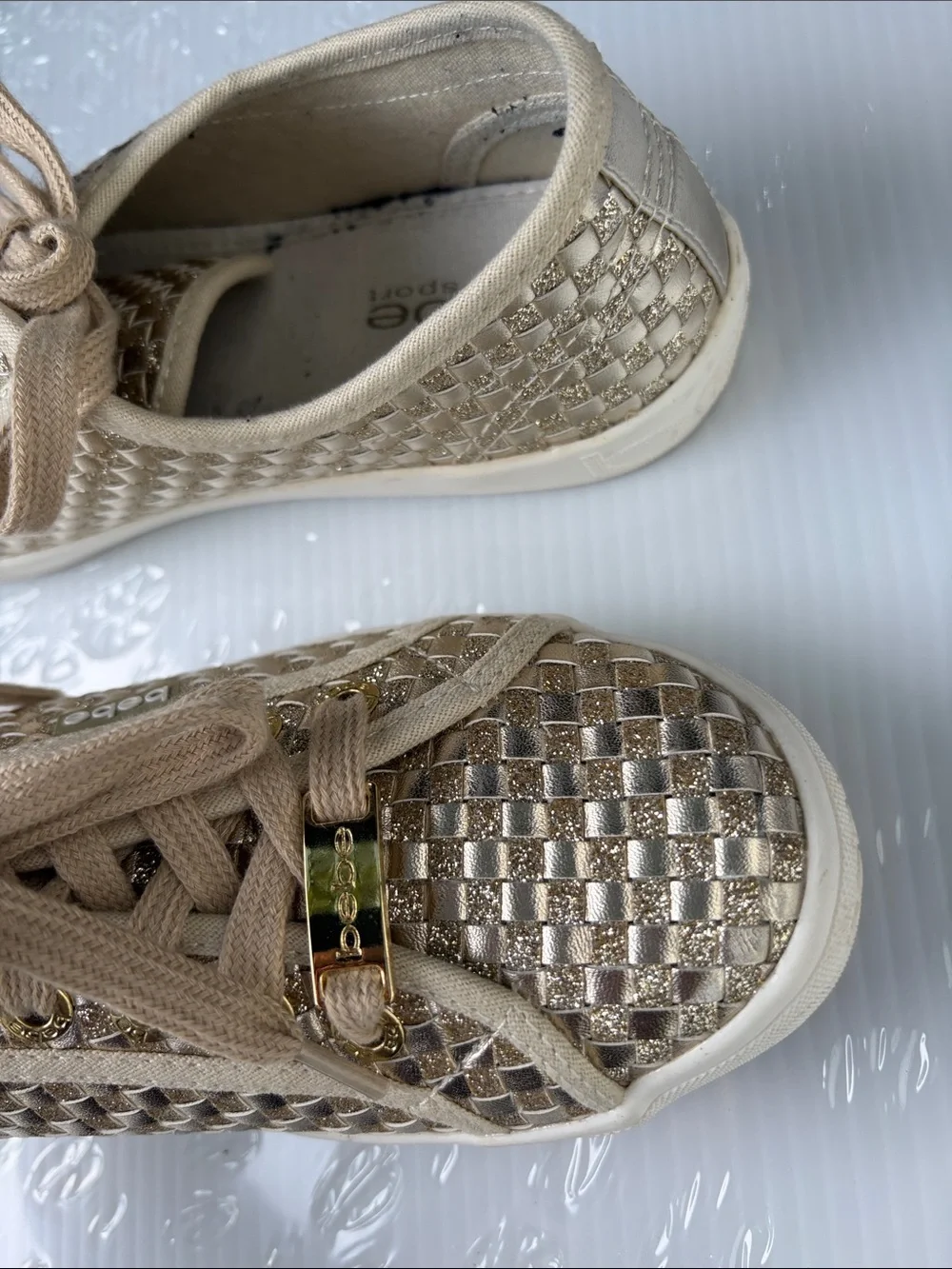 bebe Metallic Beige Woven Lace-Up Sneakers with Gold Accents